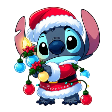 Stitch con traje de Santa y luces de Navidad